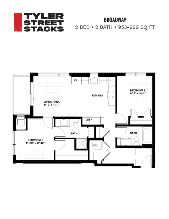 a floor plan of a bedroom apartment at Tyler Street Stacks, Minneapolis, 55413
