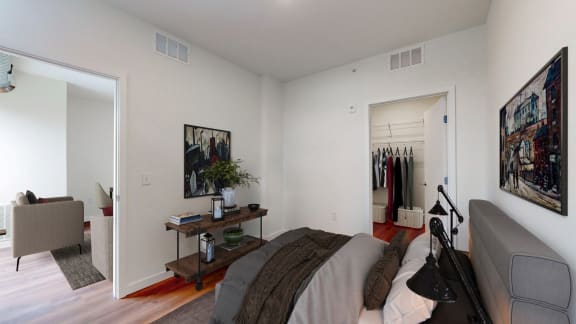 a bedroom with a bed and a closet at Tyler Street Stacks, Minneapolis Minnesota