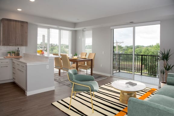 Marc 2 br floor plan with living and dining areas and balcony at Urban Park I and II Apartments, St Louis Park, 55426