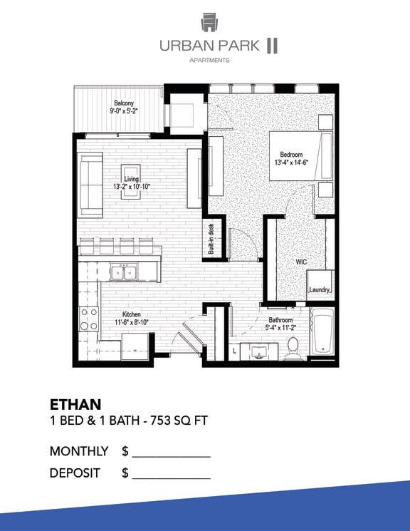 1 bedroom floor plan drawing, ethan at Urban Park I and II Apartments, St Louis Park, 55426