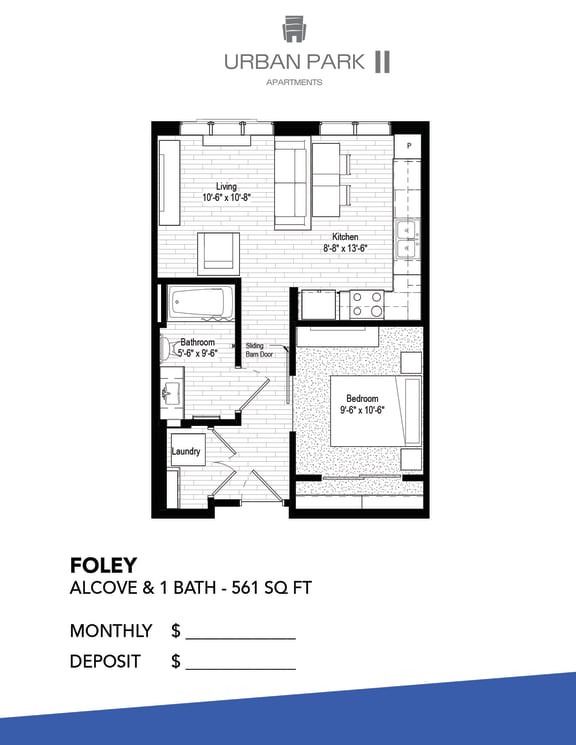 studio floor plan drawing, foley at Urban Park I and II Apartments, Minnesota, 55426