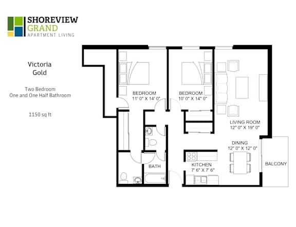 Floor Plan  A floor plan for a Shoreview Grand Apartment Living Victoria Gold showing two bedrooms, a living room, a dining area, a kitchen, a bathroom, and a balcony.