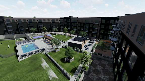 A modern building complex with a pool and green spaces at Olivine Apartments, Victoria 55386