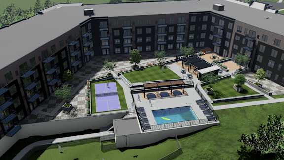 A rendering of a courtyard with a pool and a pavilion surrounded by apartment buildings at Olivine Apartments, Victoria, MN