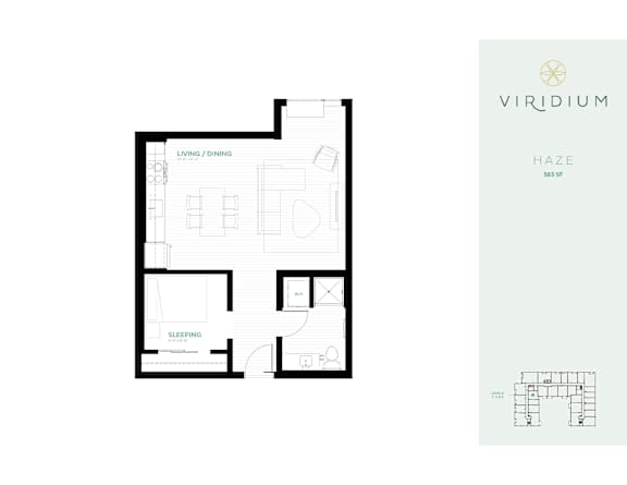 A floor plan for a Viridium Haze apartment shows a living and dining area on the left and a sleeping area on the right.