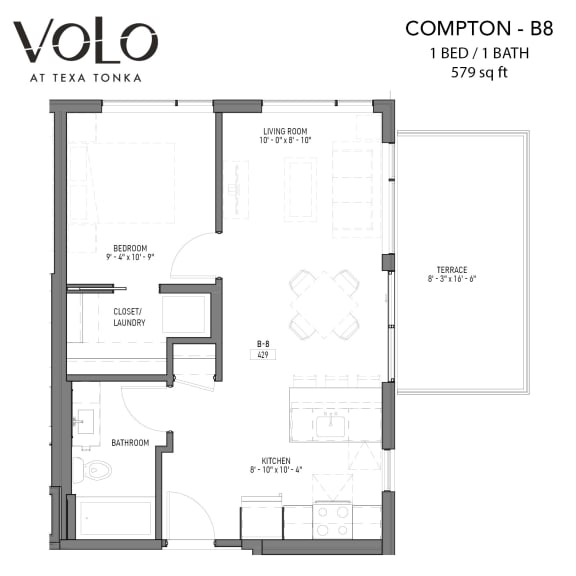 1 bedroom 1 bathroom floor plan Mat Volo at Texa Tonka Apartments, Minnesota, 55426