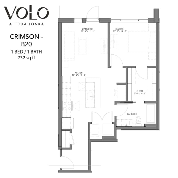 1 bedroom 1 bathroom floor plan Oat Volo at Texa Tonka Apartments, St Louis Park, MN