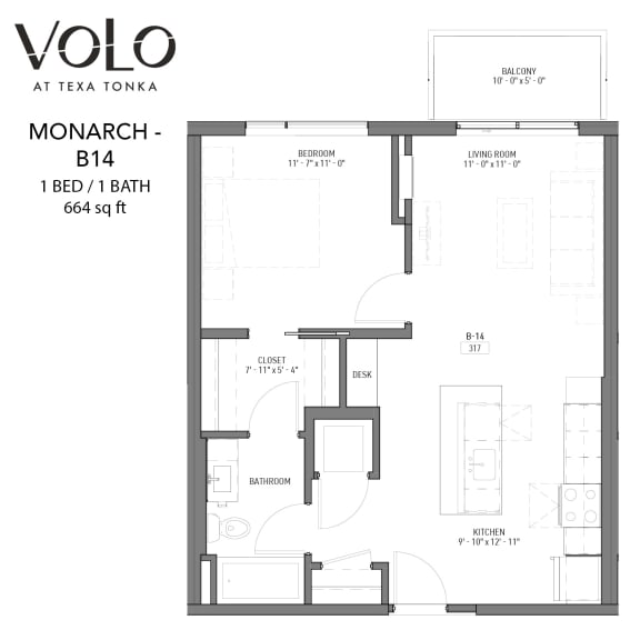 1 bed 1 bath floor plan J at Volo at Texa Tonka Apartments, St Louis Park, MN, 55426