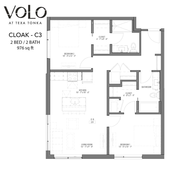 2 bedroom 2 bathroom floor plan at Volo at Texa Tonka Apartments, Minnesota