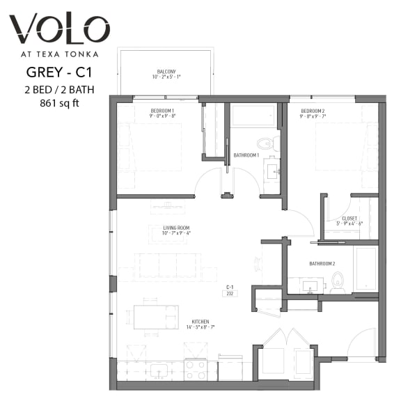 2 bedroom 2 bathrooms floor planat Volo at Texa Tonka Apartments, St Louis Park, MN, 55426