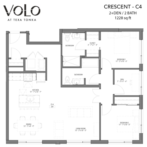 2 bedroom 2 bathrooms floor plan C at Volo at Texa Tonka Apartments, St Louis Park, Minnesota