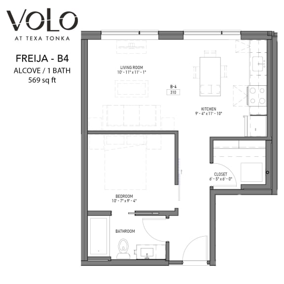 Floor Plan  1 bed 1 bath floor plan at Volo at Texa Tonka Apartments, St Louis Park, MN, 55426