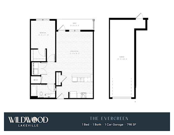 A floor plan for a Wildwood Lakeville property shows a 1-bedroom, 1-bath home with a 1-car garage.