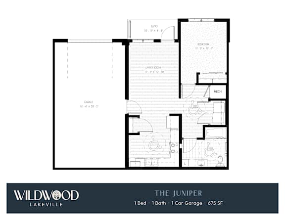 A floor plan for a home with a garage, two bedrooms, a bathroom, and a kitchen.