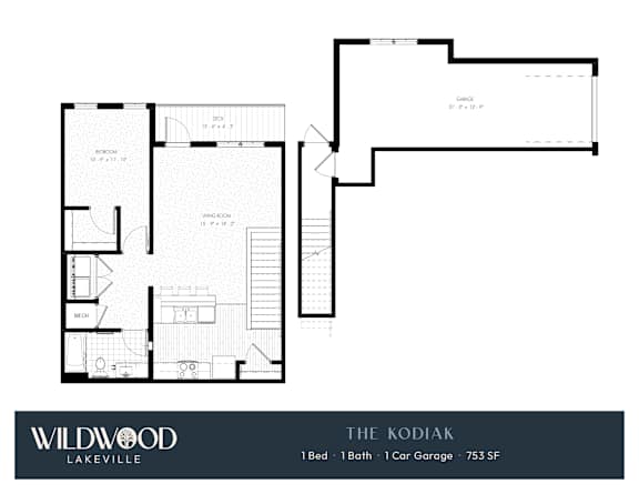 A floor plan for a property named "The Kodiaq" by Wildwood Lakeville, featuring a 1 Bed, 1 Bath, and 1 Car Garage with a total area of 753 SqFt.