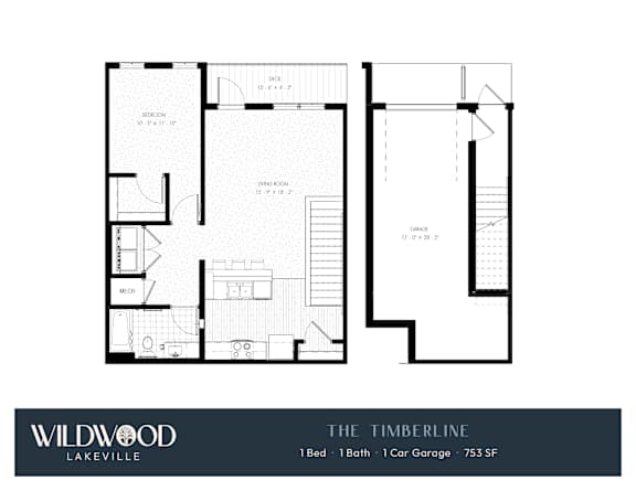 A floor plan for a Wildwood Lakeville property shows a 1-bedroom, 1-bath, and 1-car garage home.