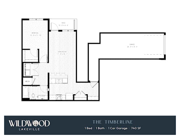 A floor plan for a Wildwood Lakeville property shows a 1 Bedroom, 1 Bathroom, and 1 Car Garage apartment.