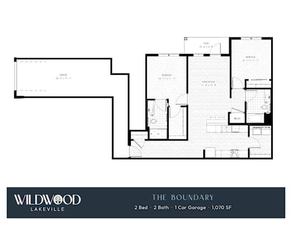 A floor plan for a Wildwood Lakeville property shows a 2 bedroom, 2 bathroom home with a 1,070 square foot garage.