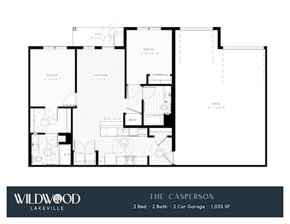 A floor plan for a property at Wildwood Lakeville shows two bedrooms, two bathrooms, and a two car garage.