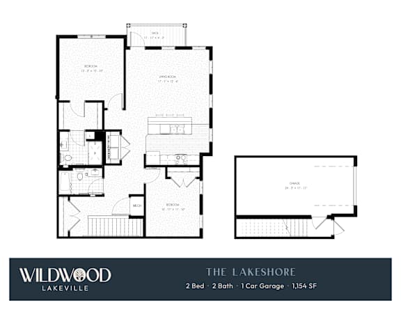 A floor plan for a property called Wildwood Lakeville shows a 2 bedroom, 2 bathroom home with a 1 car garage.