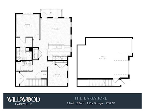 A floor plan for a Wildwood Lakeville property shows two bedrooms, two bathrooms, and a two car garage.