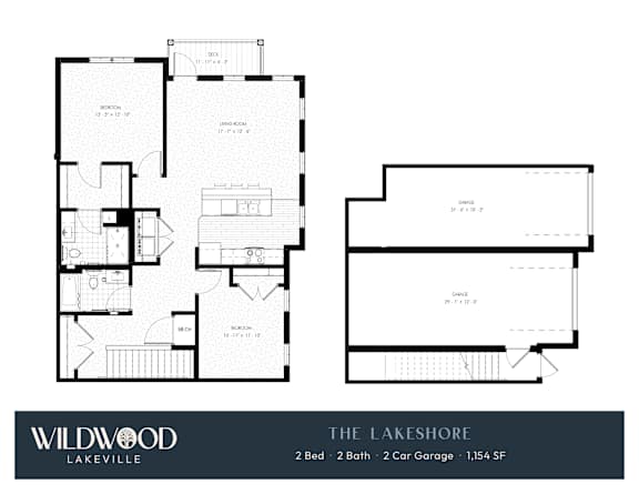 A floor plan for a Wildwood Lakeville property shows two bedrooms, two bathrooms, and a garage.