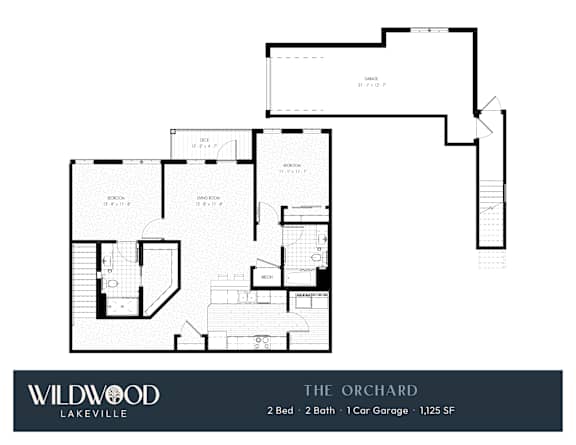 A floor plan for a Wildwood Lakeville property shows a 2 bedroom, 2 bathroom, and 1 car garage house.