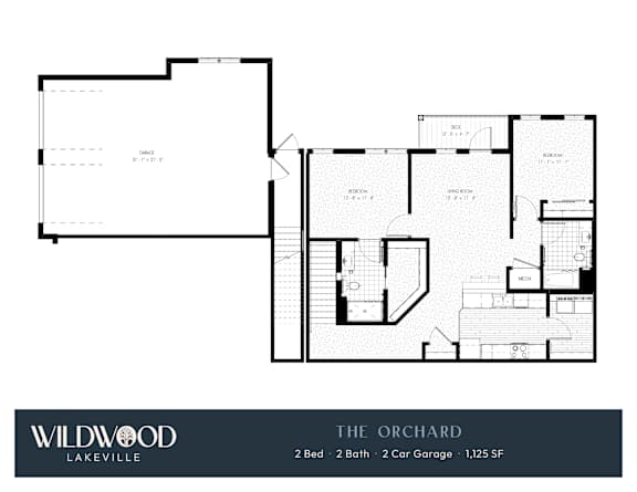 A floor plan for a property called The Orchard in Wildwood Lakeville shows a 2 bedroom, 2 bathroom, and 2 car garage house with a total area of 1,125 square feet.