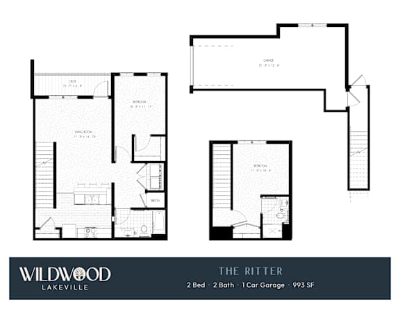 A floor plan for a 2 Bedroom, 2 Bathroom apartment with a garage is shown.