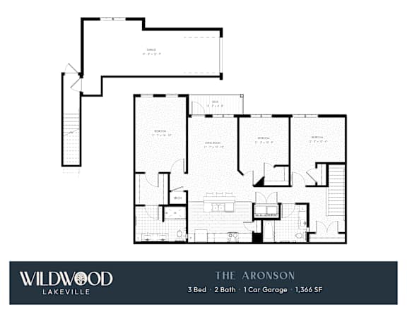 A floor plan for a Wildwood Lakeville property called The Aronson, which is 3 bedrooms, 2 bathrooms, and has a garage.