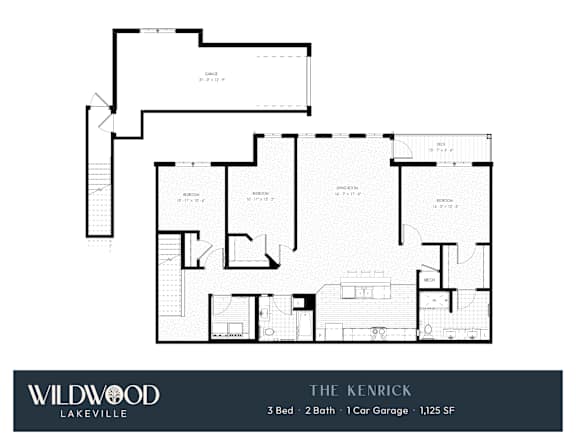 A floor plan for a property called The Kenrick shows 3 bedrooms, 2 bathrooms, a car garage and a total area of 1,125 square feet.