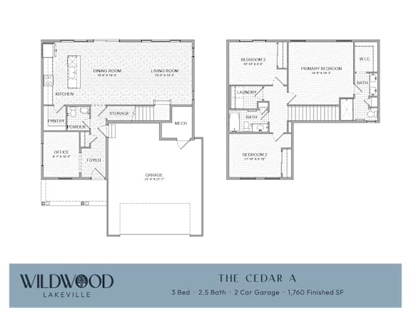 A floor plan for a home with three bedrooms and two bathrooms.