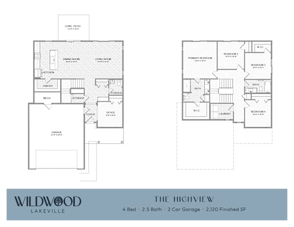 A floor plan for a 4 Bedroom, 2.5 Bath home with a 2 Car Garage and 2120 finished square feet.