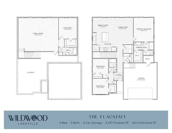 A floor plan for a home with a family room, two bedrooms, a garage, and a finished basement.