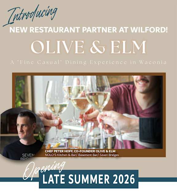 A poster introducing a new restaurant partner at Wilford, Olive & Elm.