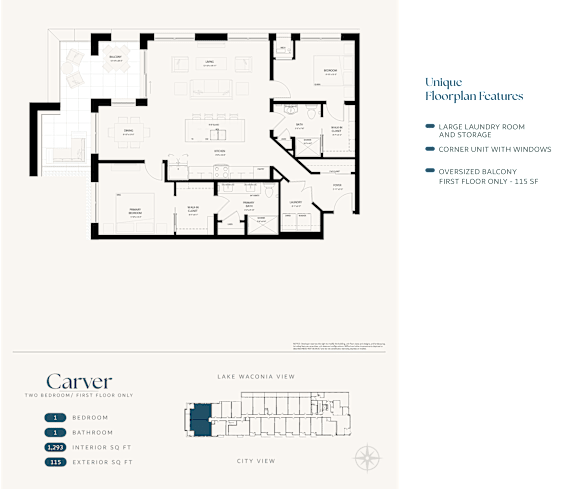 A floor plan of a residential building with a laundry room and an oversized balcony.