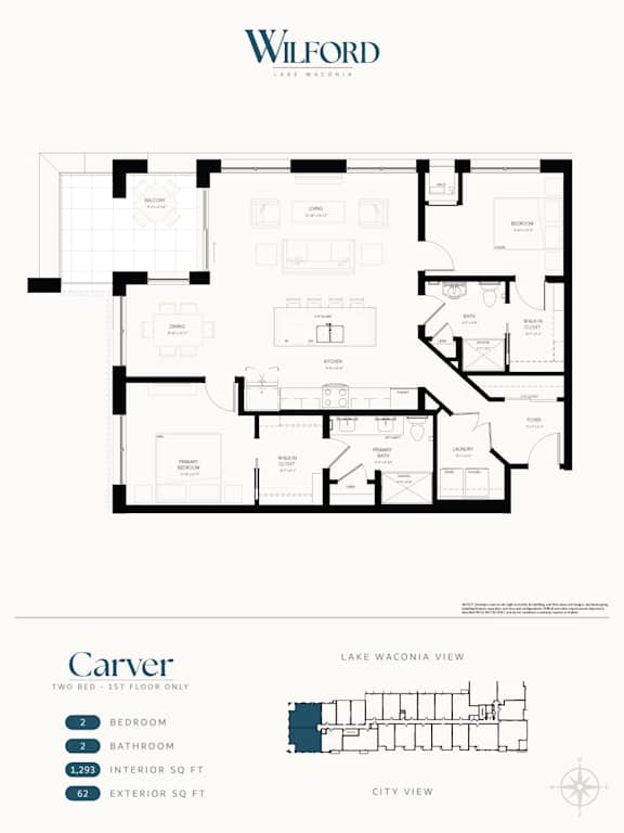 A floor plan for a two bedroom, one bathroom apartment.