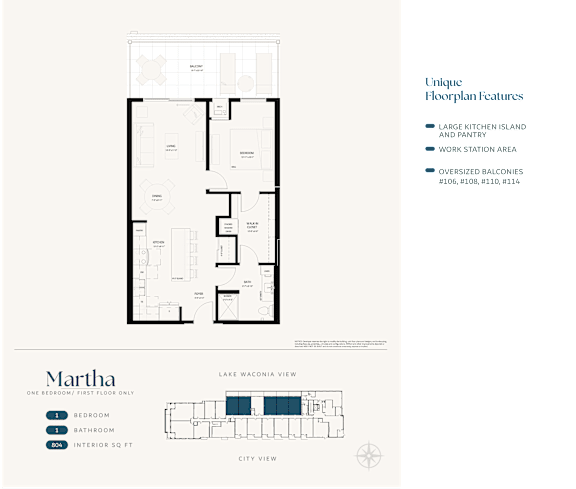 A floor plan of a house named Martha with a description of its unique features.
