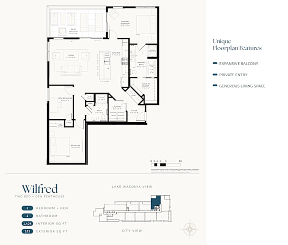 A floor plan of a Willfred two bedroom, one bathroom property.