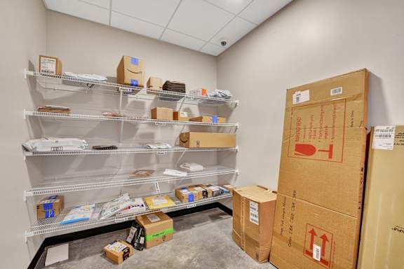 A storage room with shelves and boxes.