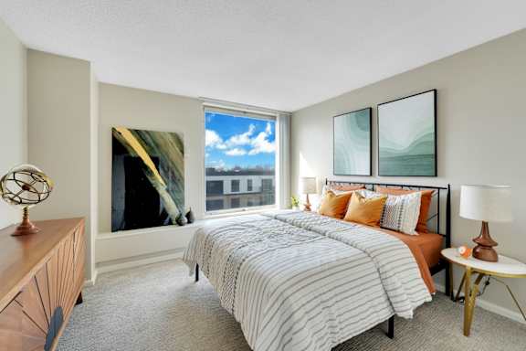 Bedroom With Ceiling Fan  at The Original at West Lake Quarter, Minneapolis, MN