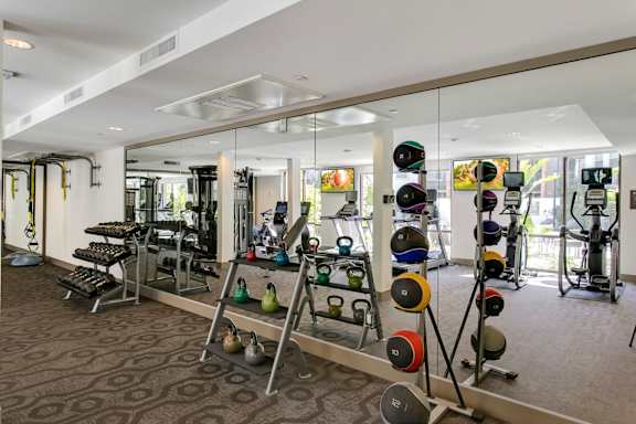A gym with a variety of equipment including weights and machines.at Cirrus Redwood City, Redwood City California