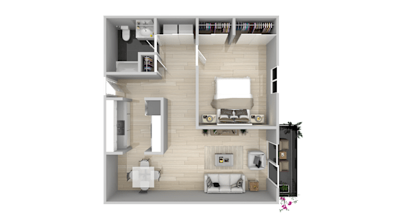 A top-down view of a small, neatly organized apartment with a kitchen, living room, and bathroom.