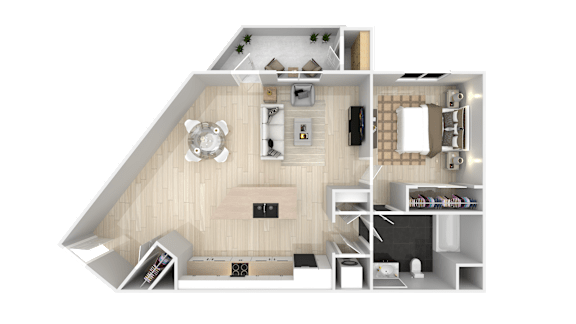 A top-down view of a house layout with a kitchen, living room, and bedrooms.