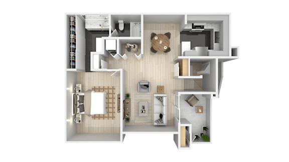 A 3D floor plan of a house with a kitchen, living room, and two bedrooms.