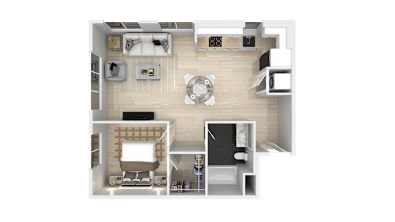 A top-down view of a small apartment with a kitchen, living room, and bathroom.