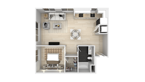 A top-down view of a small, neatly organized apartment with a kitchen, living room, and bathroom.