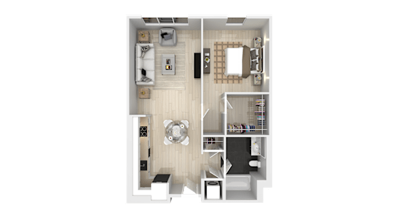 A top-down view of a small apartment with a kitchen, living room, and bathroom.
