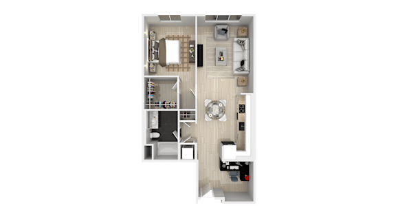 A floor plan of a house with a kitchen, living room, dining room, and two bedrooms.