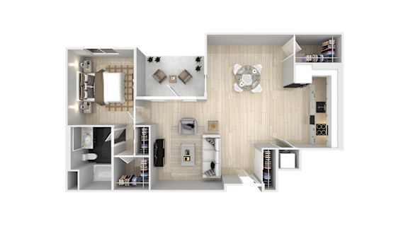 A top-down view of a modern apartment layout with a living room, kitchen, and bedrooms.